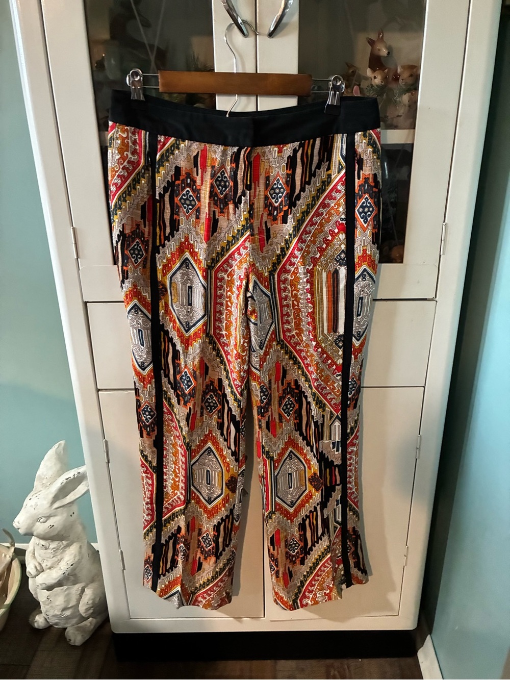Trina Turk sz 6 silk blend Boho Geo Print Wide-Leg Pants Black Waistband euc